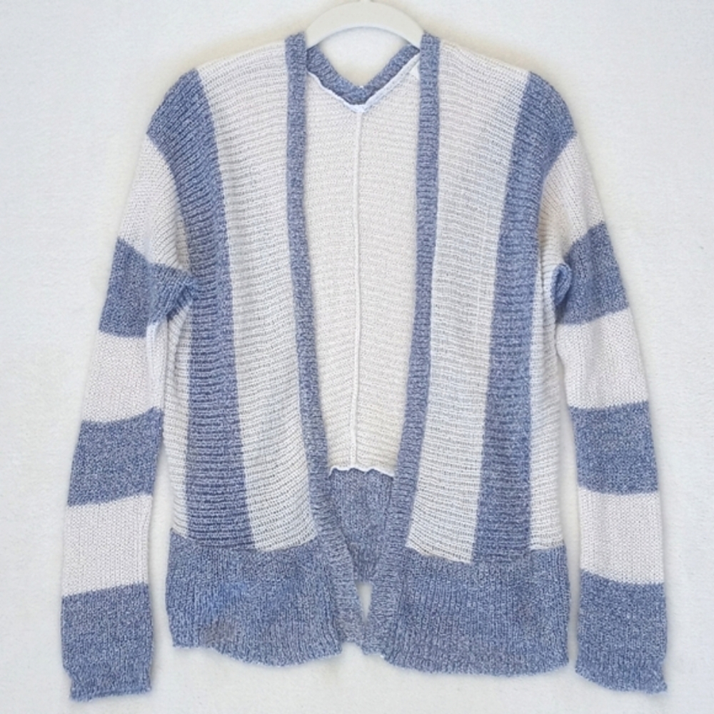 Pink Rose Womenās Soft Nylon Blue White Stripe Knit Open Cardigan Sweater S